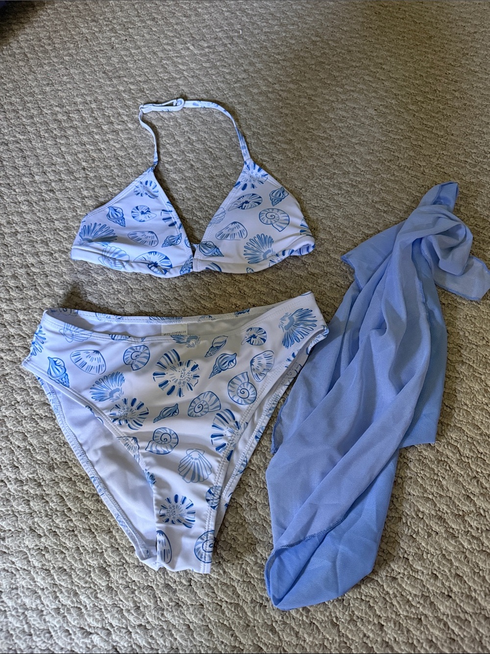 White & Light Blue Seashell Print Bikini Set